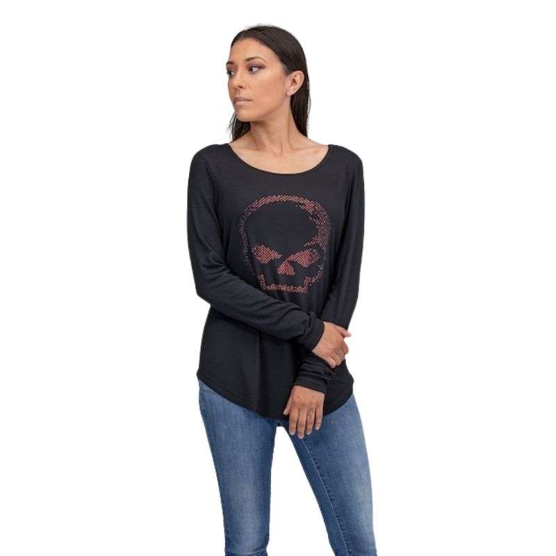 Women's Rhinestone Willie G Skull Baseball Hem Tee - M