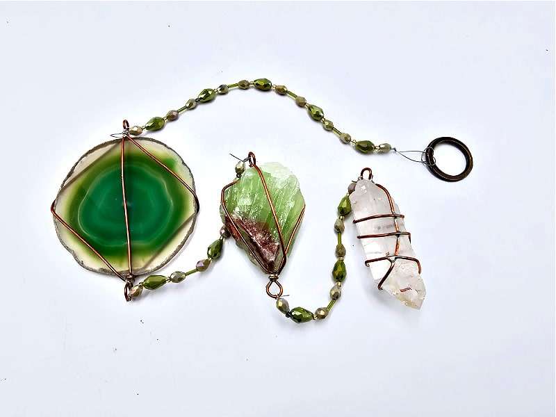 Green Agate, Green Calcite and Clear Quartz Crystal Mobile (85cm)