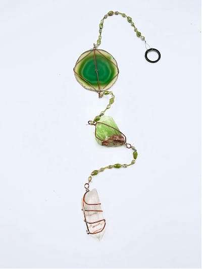 Green Agate, Green Calcite and Clear Quartz Crystal Mobile (85cm)