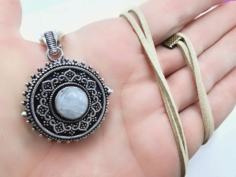 Rainbow Moonstone Round Locket Necklace (Opens)
