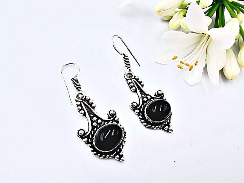 Detailed Drop Black Onyx Earrings