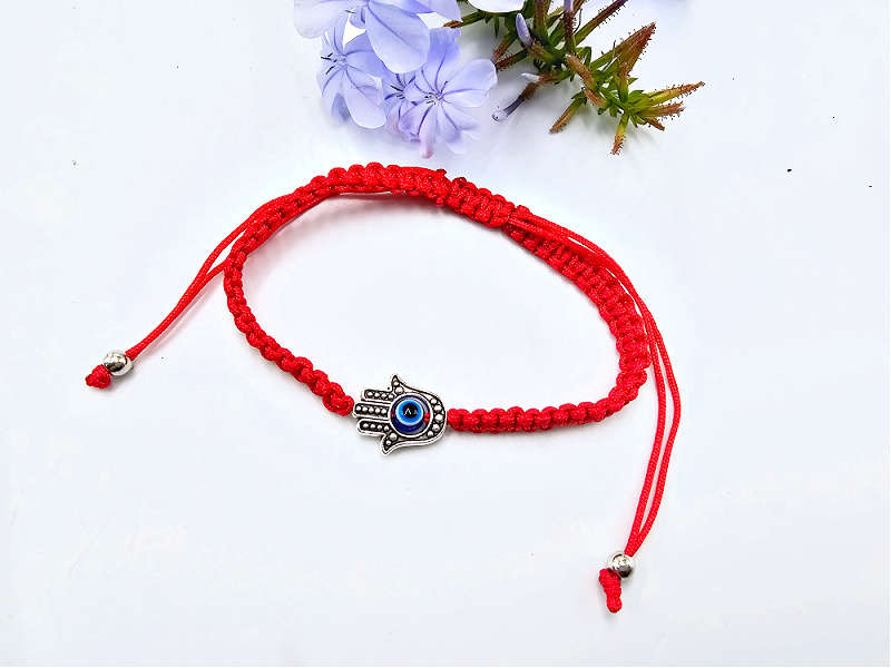 Hamsa Hand Evil Eye Macrame Bangle (Red)