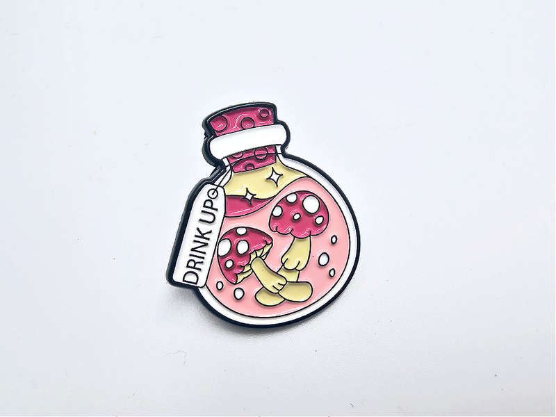 Drink Up Pink Mushroom Badge