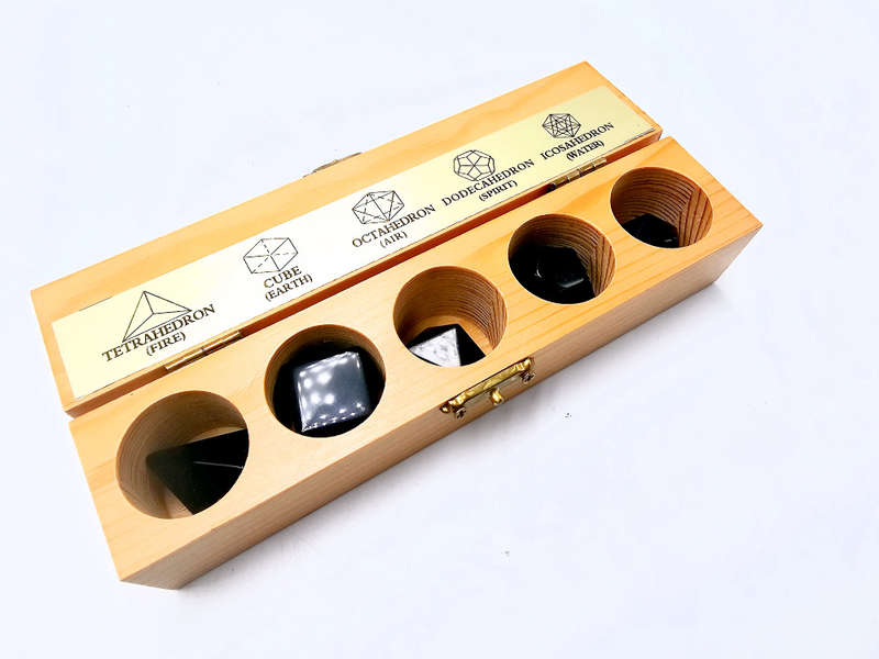Platonic Solid Crystals in Wooden Box (Obsidian)