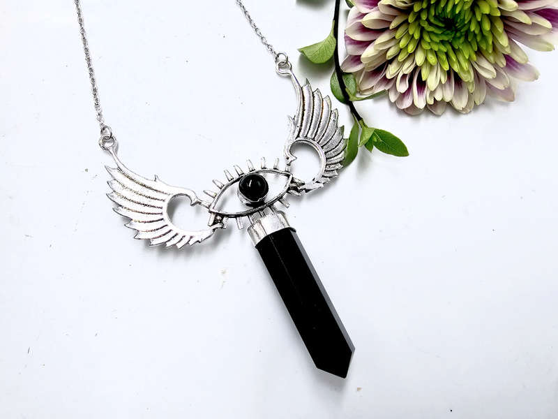 Black Onyx Eye Winged Crystal Necklace