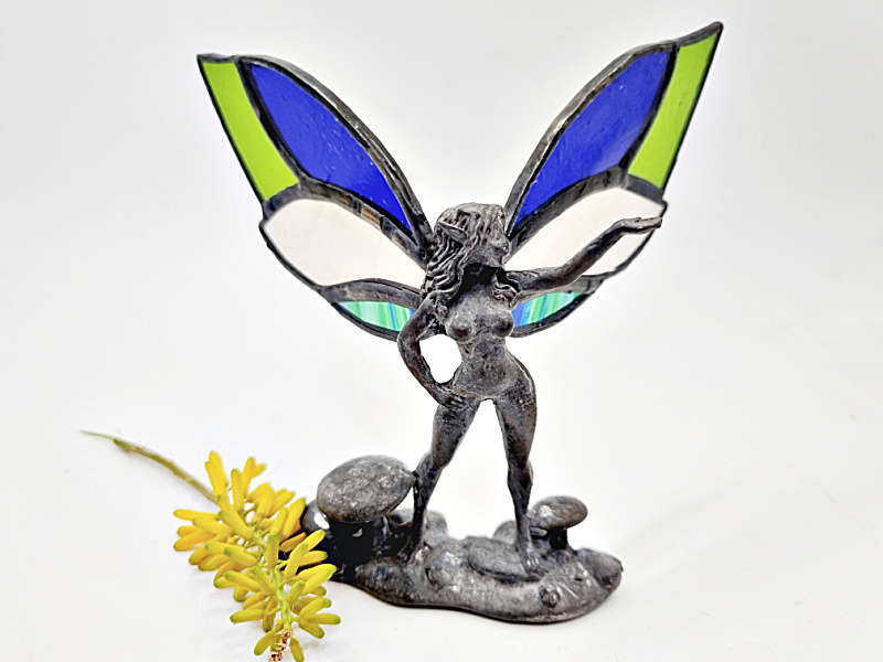 Fairy Stained Glass Mushroom Blue &amp; Green (15cm)