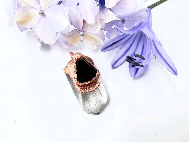 Clear Quartz &amp; Black Tourmaline Copper Pendant