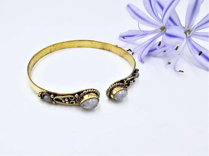 Double Detailed Drop Rainbow Moonstone Bangle (Brass)