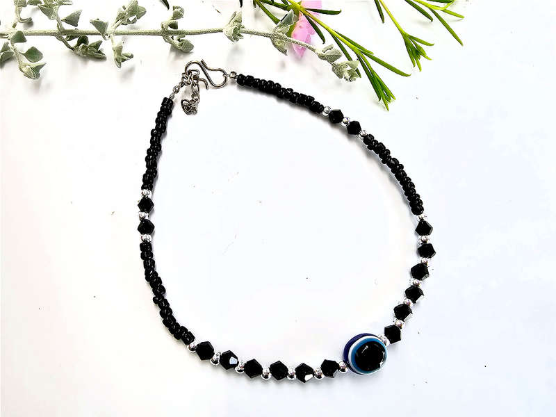 Evil Eye Ankle Chain Black Faceted Beads