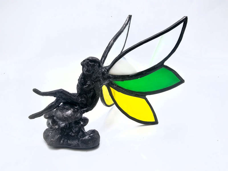 Green &amp; Yellow Stained Glass Sitting Mushroom Fairy