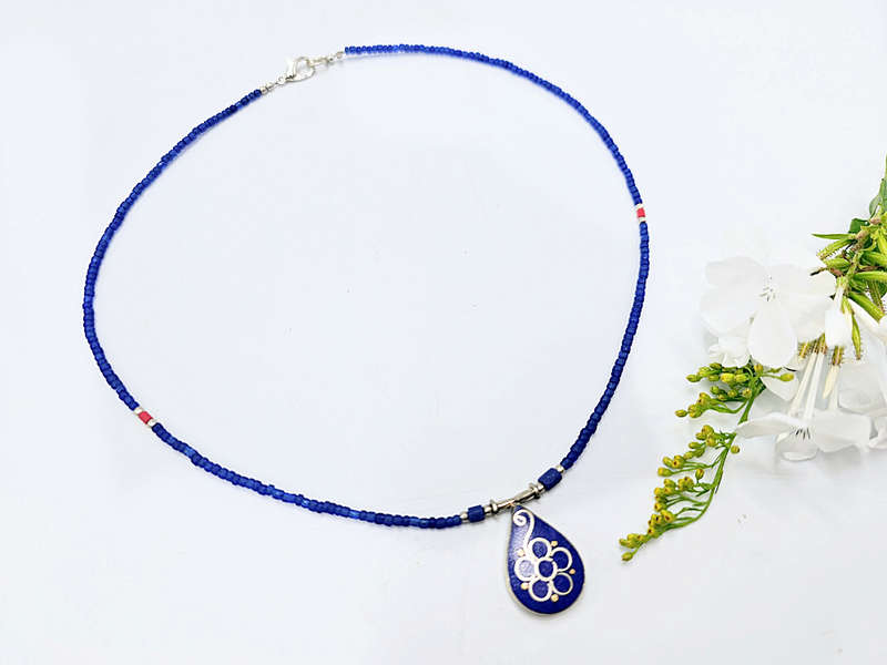 Tibetan Necklace Flower Drop Blue