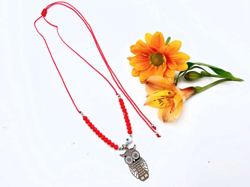 Owl Necklace Red Evil Eye (Silver)