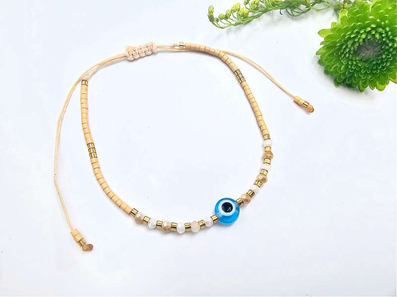 Evil Eye Bangle Beaded Tan