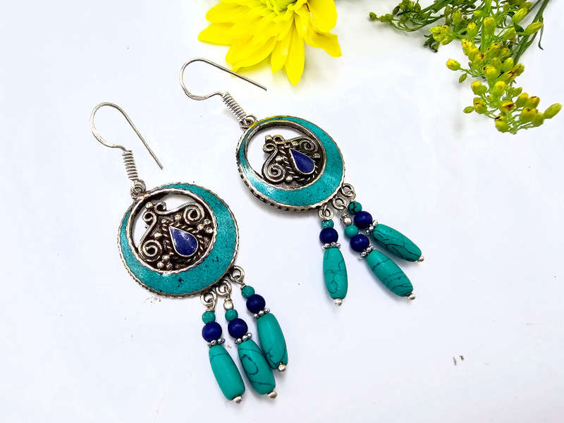 Tibetan Earrings Round Hanging Turquoise
