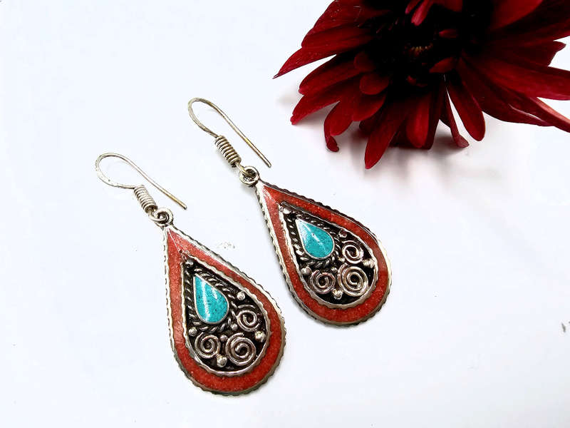 Tibetan Earrings Tear Drop Red