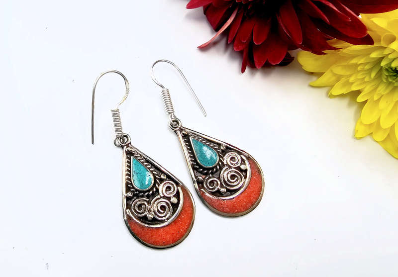 Tibetan Earrings Drop Twirl Turquoise