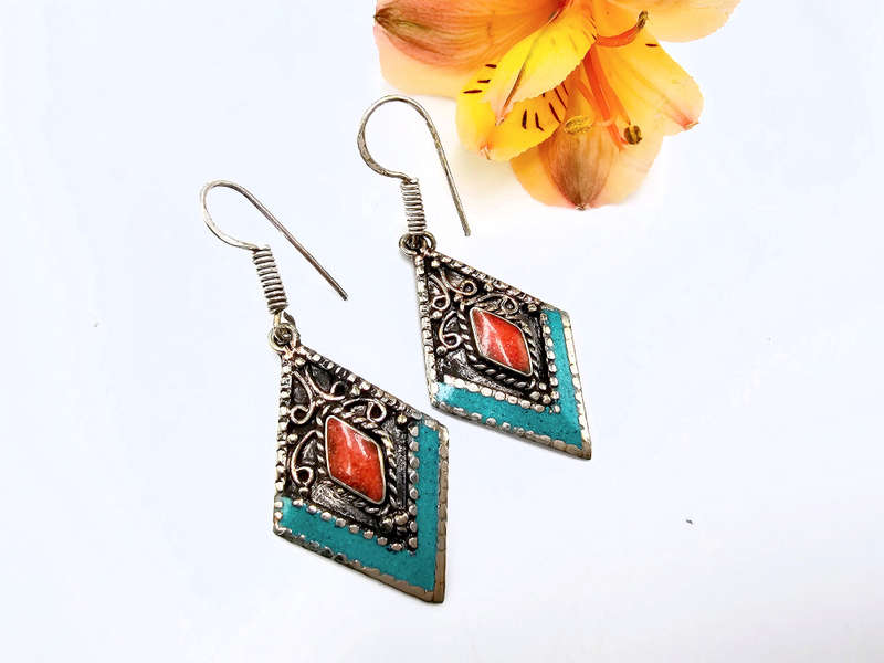 Tibetan Earrings Triangle Red &amp; Blue