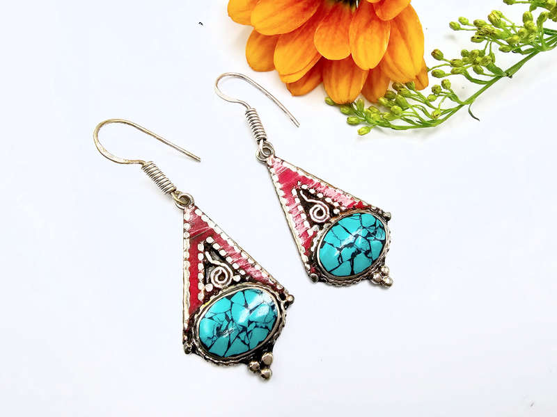 Tibetan Earrings Oval Drop Turquoise