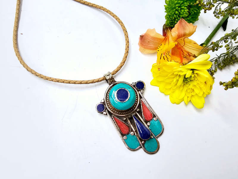 Tibetan Necklace Hamsa Hand Large