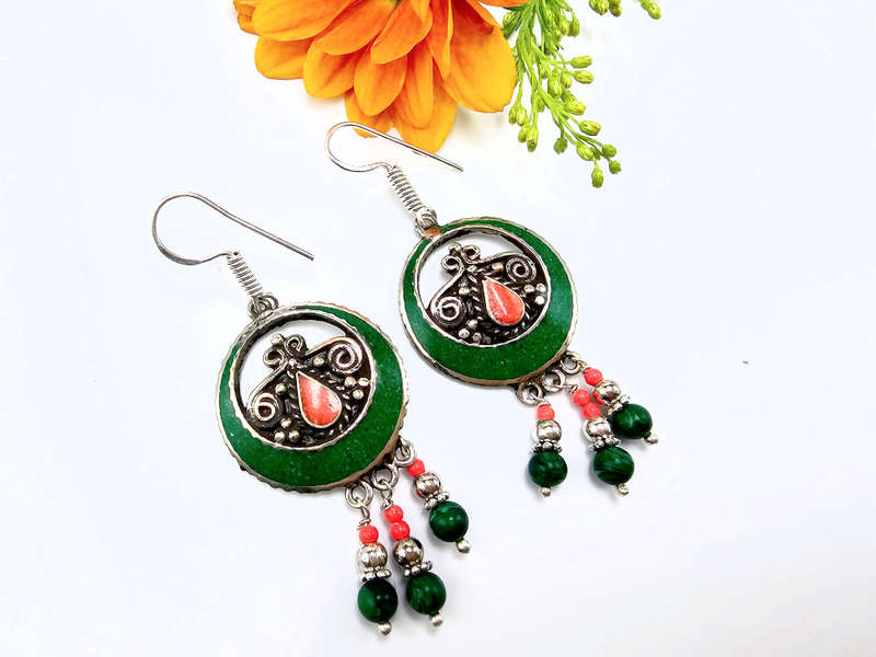 Tibetan Round Hanging Earrings Green