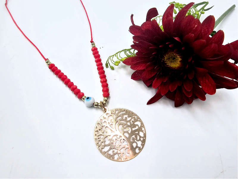 Tree of Life Necklace Red Evil Eye (Gold)