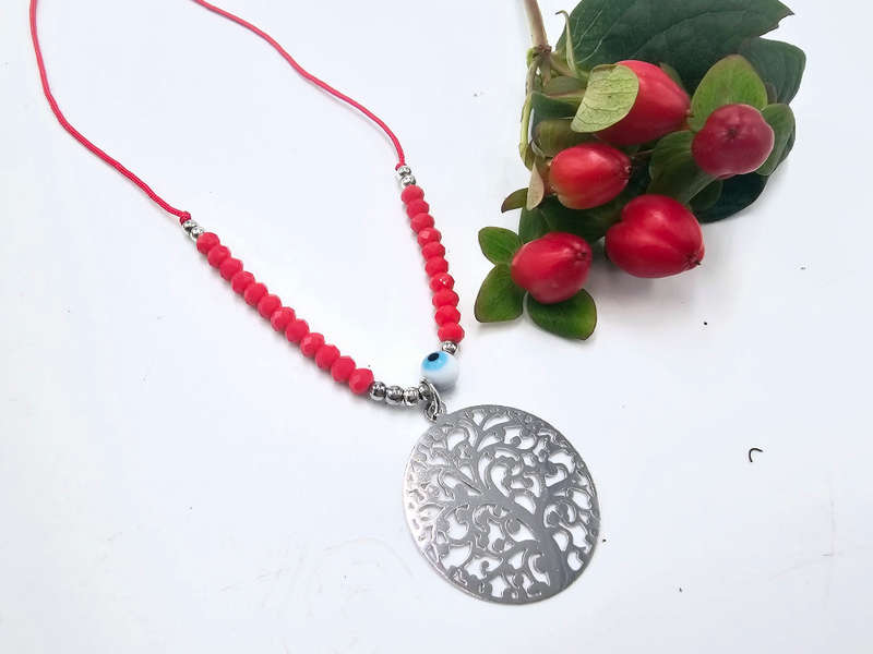 Tree of Life Necklace Red Evil Eye (Silver)