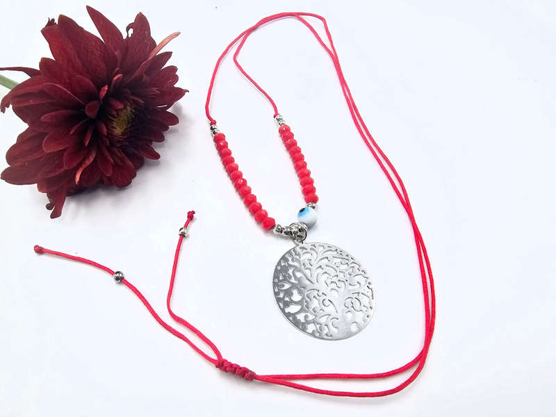 Tree of Life Necklace Red Evil Eye (Silver)