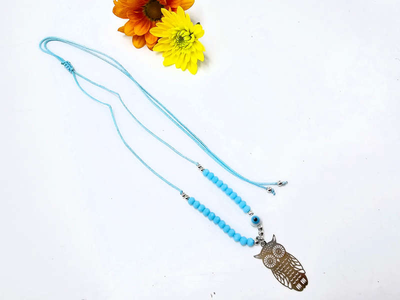 Owl Necklace Blue Evil Eye (Silver)