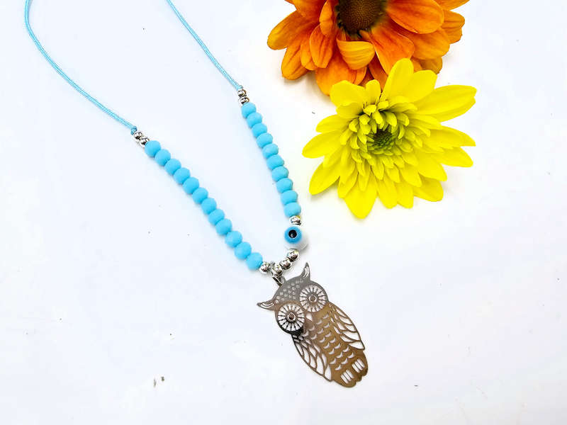 Owl Necklace Blue Evil Eye (Silver)