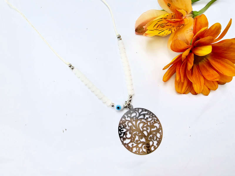 Tree of Life  Necklace Cream Evil Eye (Silver)