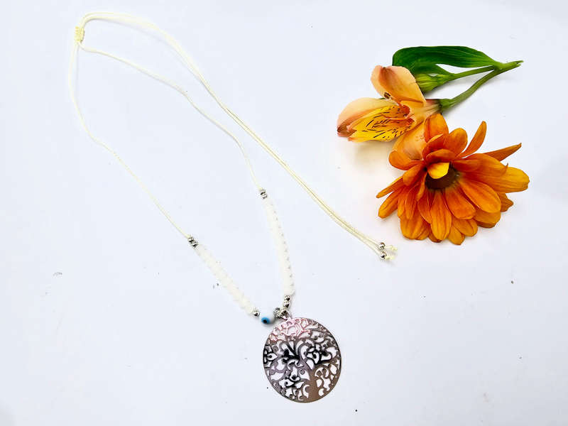 Tree of Life  Necklace Cream Evil Eye (Silver)