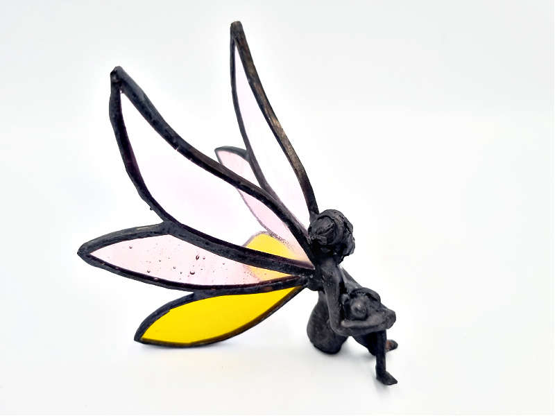 Stained Glass Fairy Sitting Happy Yellow &amp; Pink