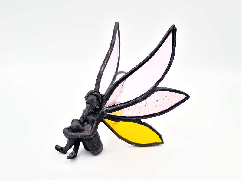 Stained Glass Fairy Sitting Happy Yellow &amp; Pink