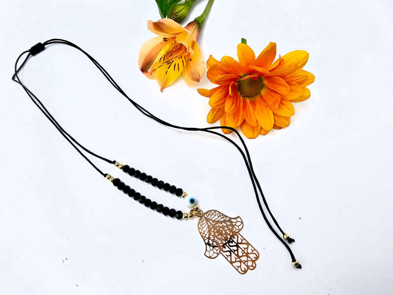Hamsa Hand Necklace Black Evil Eye (Gold)