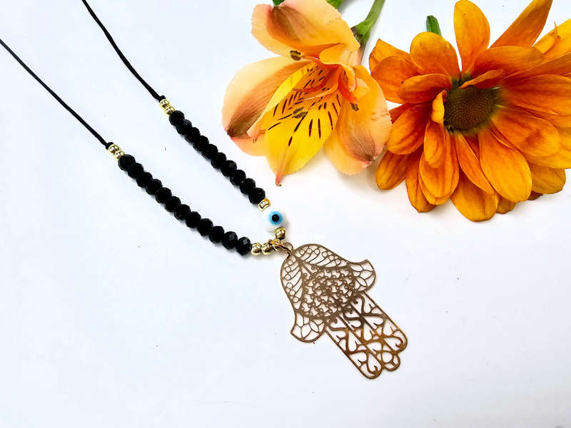 Hamsa Hand Necklace Black Evil Eye (Gold)