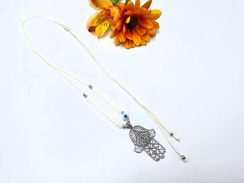 Hamsa Hand Necklace Cream Evil Eye (Silver)