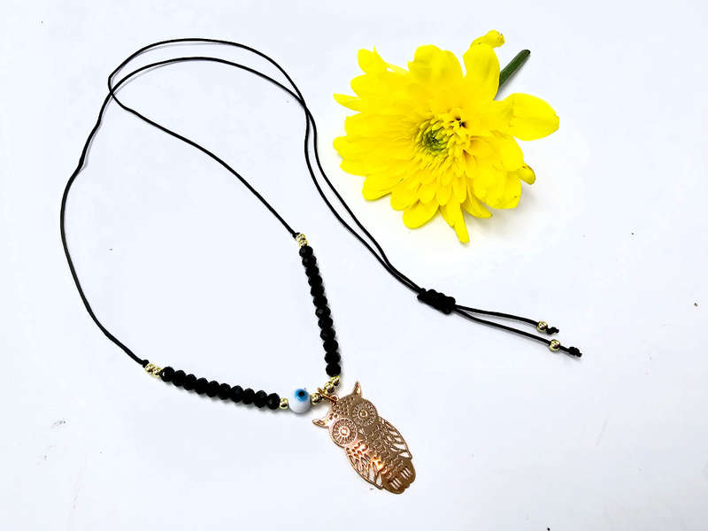 Owl Necklace Black Evil Eye (Gold)