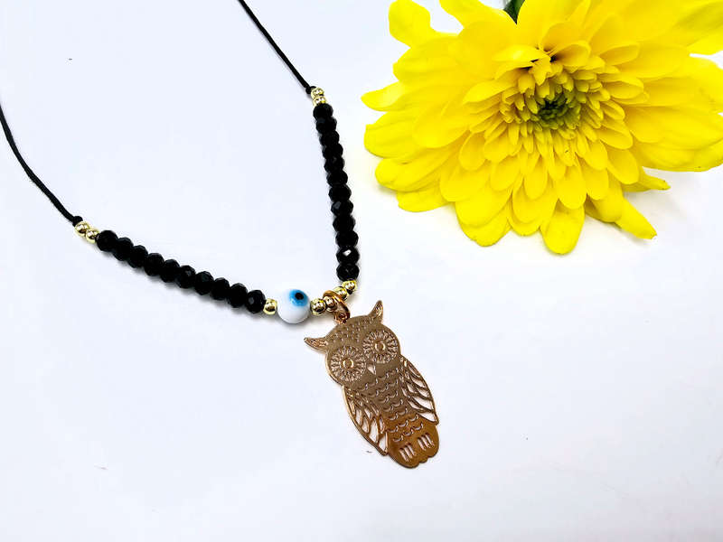 Owl Necklace Black Evil Eye (Gold)