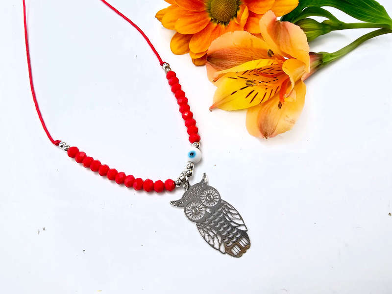 Owl Necklace Red Evil Eye (Silver)