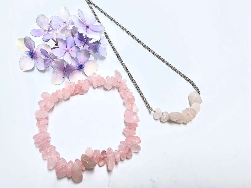 Rose Quartz  Chips Necklace &amp; Bracelet Combo