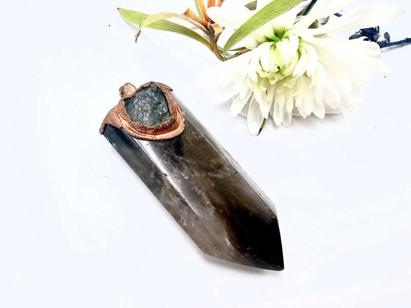 Smoky Quartz &amp; Moldavite Copper Necklace Point
