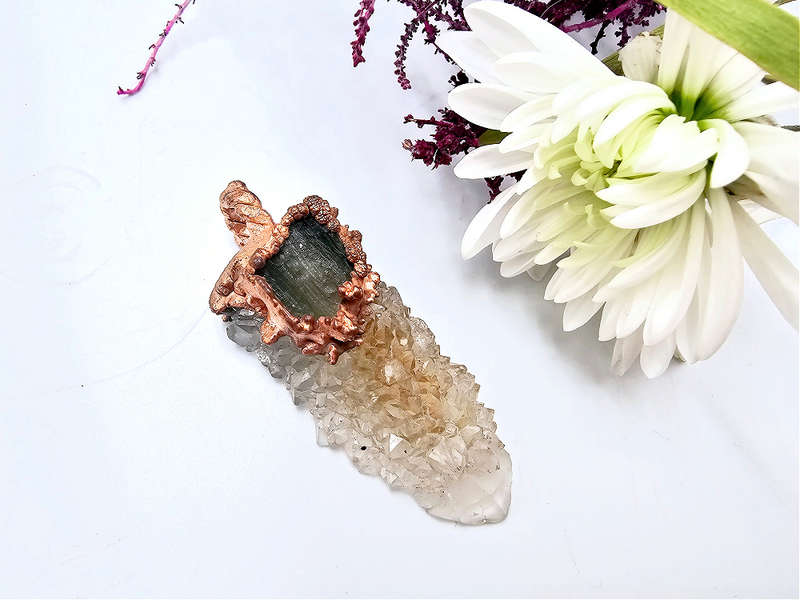 Spirit Quartz &amp; Moldavite Copper Pendant