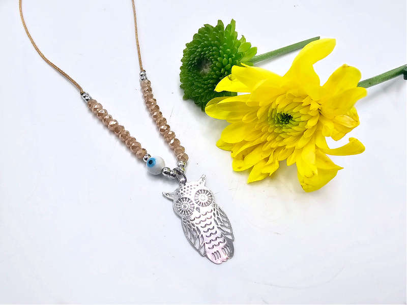 Owl Necklace Tan Evil Eye (Silver)