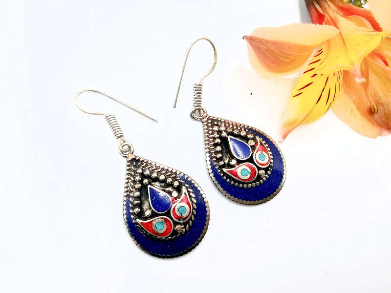 Tibetan Earrings Drop Dot Blue
