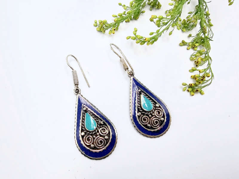 Tibetan Earrings Drop Blue Border