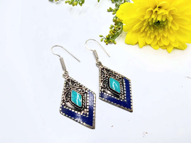 Tibetan Earrings Triangle Blues