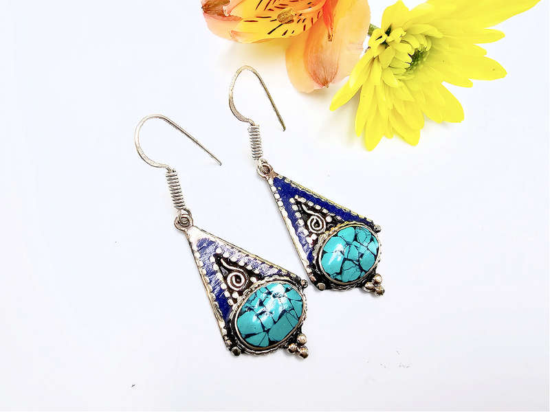 Tibetan Earrings Blue &amp; Oval Turquoise