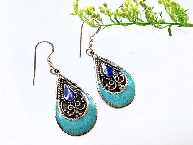 Tibetan Earrings Drop Blue