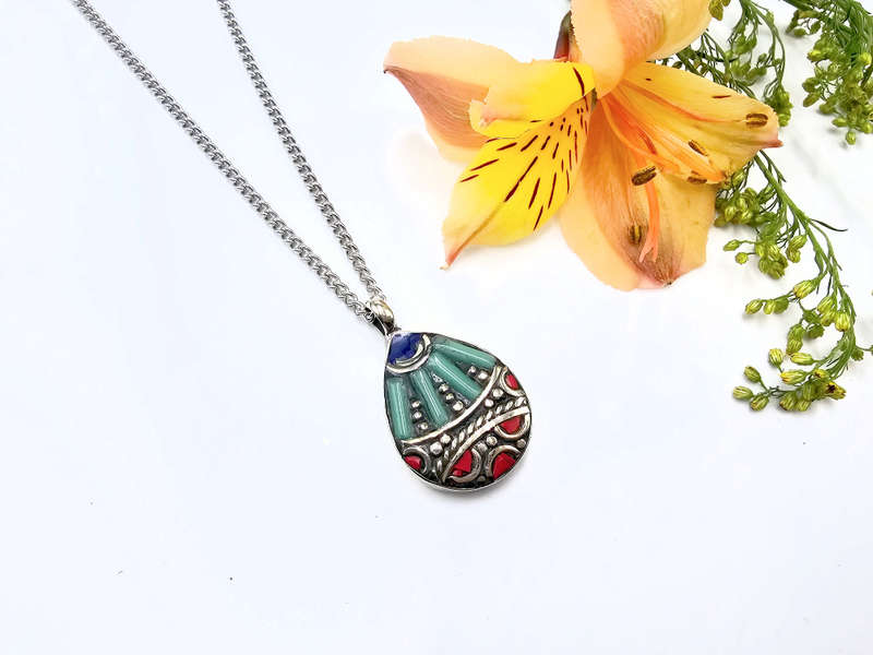 Tibetan Necklace Drop Stripes Turquoise