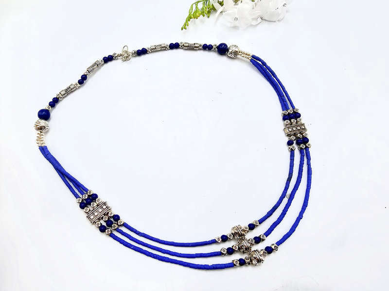 Tibetan Necklace Three Tier  Blue D
